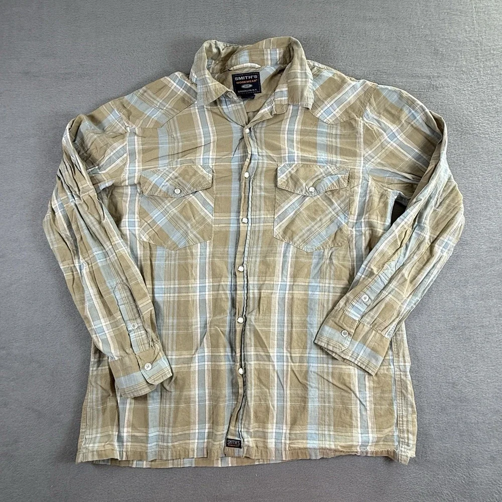 Smith's Shirt Men's Large Workwear Long Sleeve Pearl Snap Yellow Plaid‎